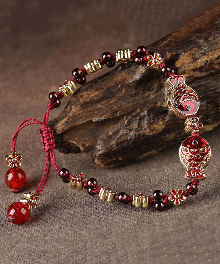 Women Red Coloured Glaze Cloisonne Garnet Charm Bracelet