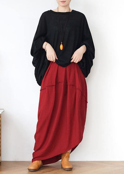 Women Red Elastic Waist Linen Skirt - SooLinen