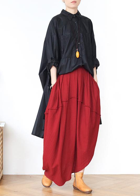 Women Red Elastic Waist Linen Skirt - SooLinen