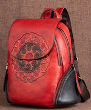 Women Red Embossing Paitings Calf Leather Backpack Bag