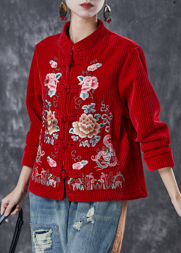 Women Red Embroidered Floral Corduroy Jackets Spring