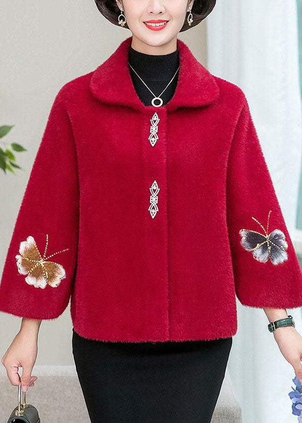 Women Red Embroidered Floral Thick Mink Hair Knitted Coats Winter