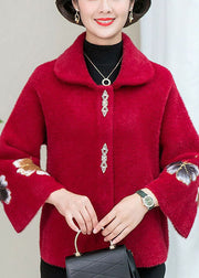 Women Red Embroidered Floral Thick Mink Hair Knitted Coats Winter
