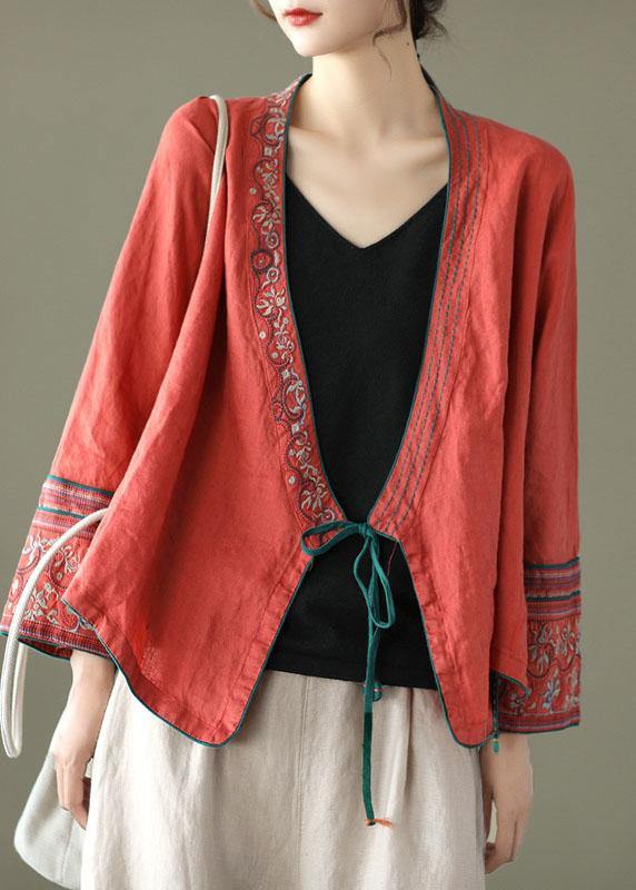 Women Red Embroideried Long sleeve Linen Shirt - SooLinen