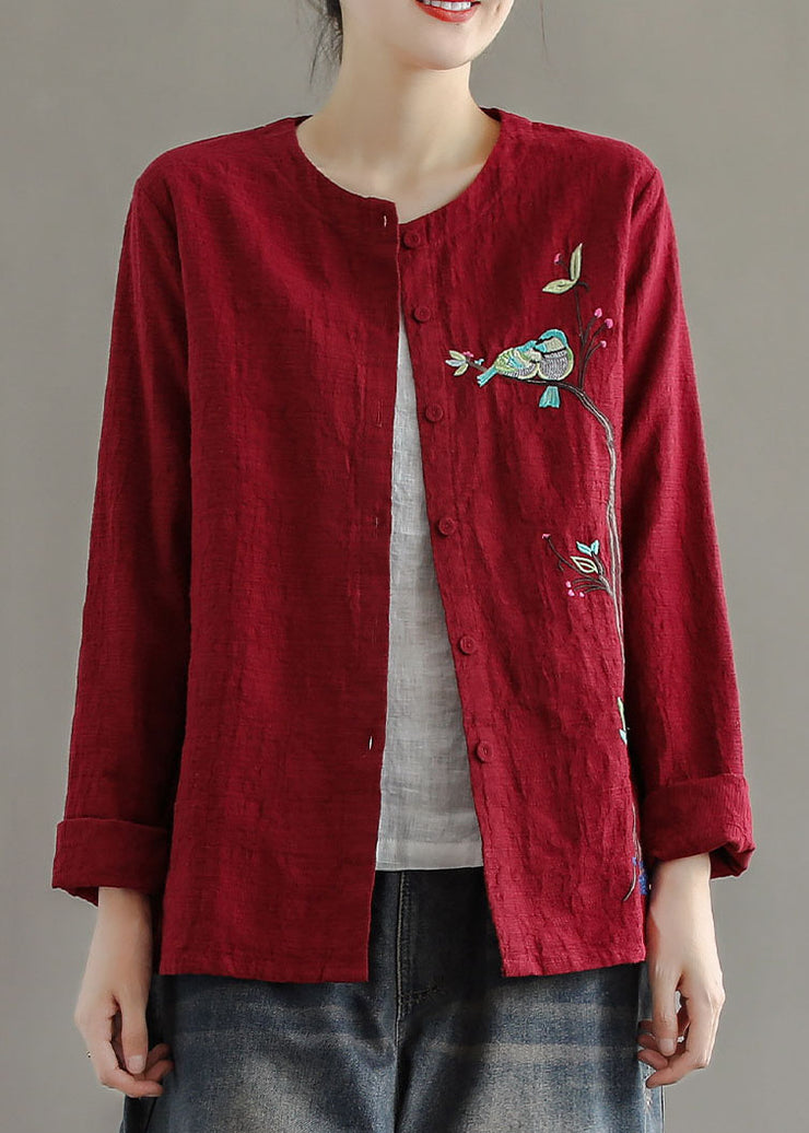 Women Red Embroidered Patchwork Cotton Cardigans Coats Spring