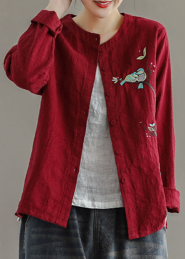 Women Red Embroidered Patchwork Cotton Cardigans Coats Spring