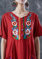 Women Red Embroidered Patchwork Linen Dress Summer