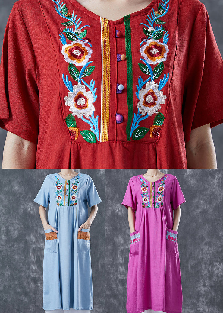Women Red Embroidered Patchwork Linen Dress Summer