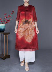 Women Red Embroidered Patchwork Tassel Silk Dress Half Sleeve