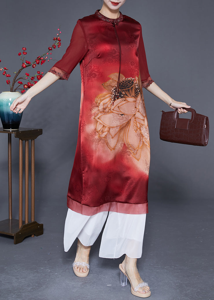 Women Red Embroidered Patchwork Tassel Silk Dress Half Sleeve