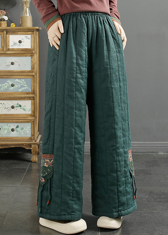 Women Red Embroidered Pockets Fine Cotton Filled Wide Leg Pants Winter