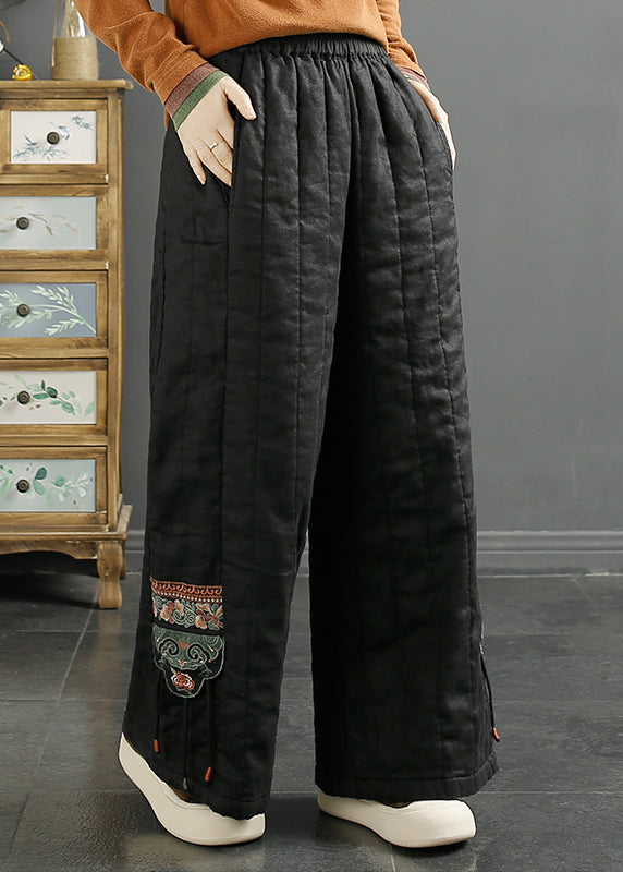 Women Red Embroidered Pockets Fine Cotton Filled Wide Leg Pants Winter