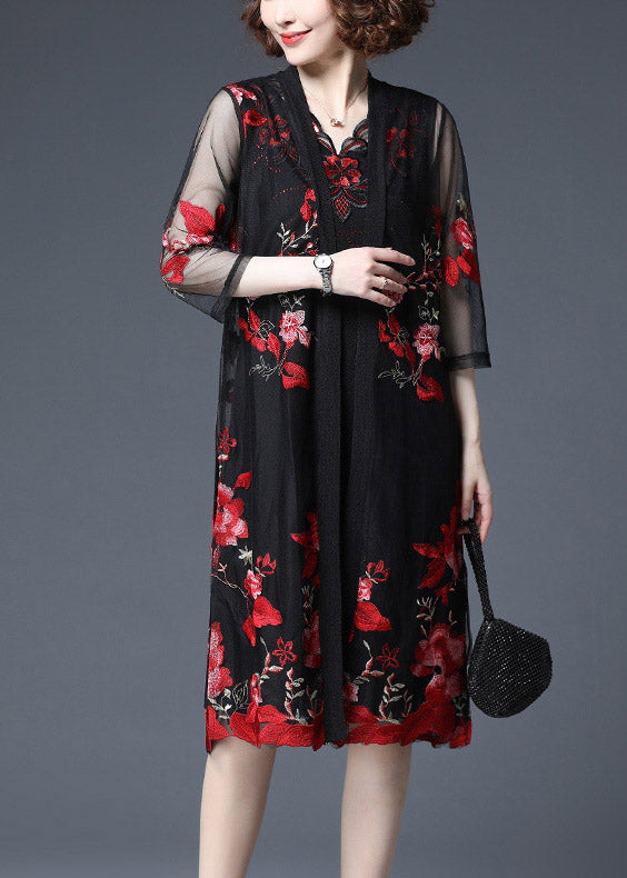 Women Red Floral Embroidered Tulle Cardigans And Tank Dress Two Piece Set Summer