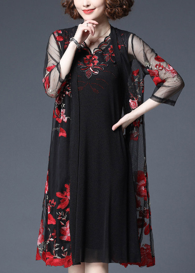 Women Red Floral Embroidered Tulle Cardigans And Tank Dress Two Piece Set Summer