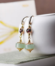 Women Red Gem Stone And Jade 14K Gold Drop Earrings