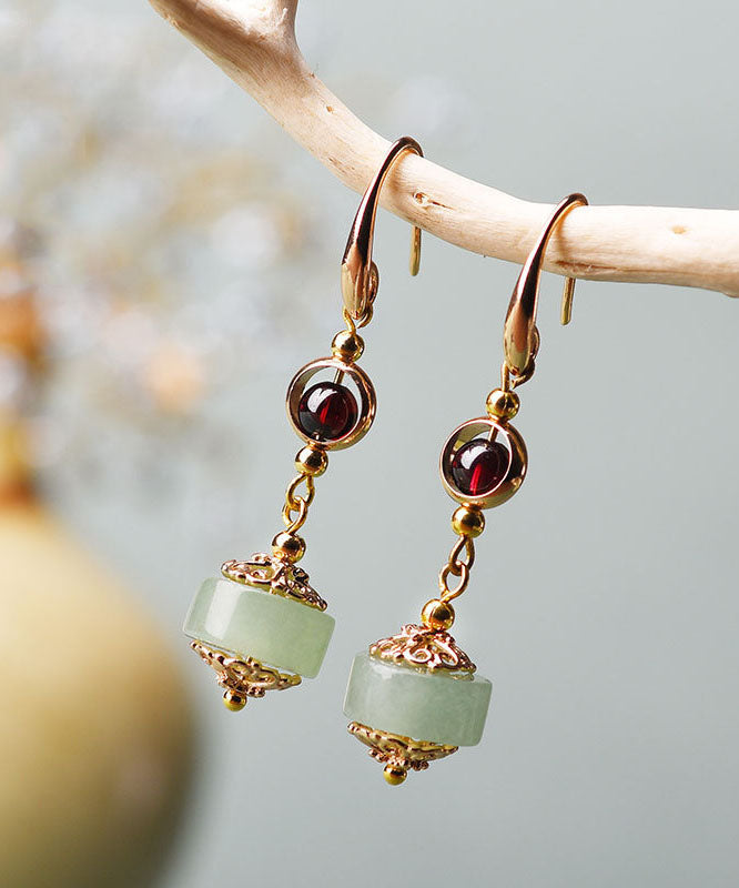 Women Red Gem Stone And Jade 14K Gold Drop Earrings