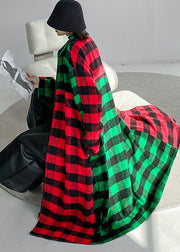 Women Red Green Plaid Peter Pan Collar Patchwork Woolen Trench Winter