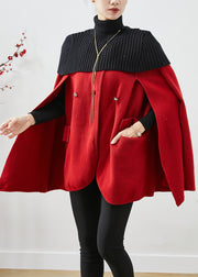 Women Red High Neck Knit Patchwork Woolen Coats Cloak Sleeves