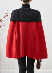Women Red High Neck Knit Patchwork Woolen Coats Cloak Sleeves