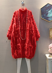 Women Red High Neck Tasseled Cozy Knit Sweater Dress Winter