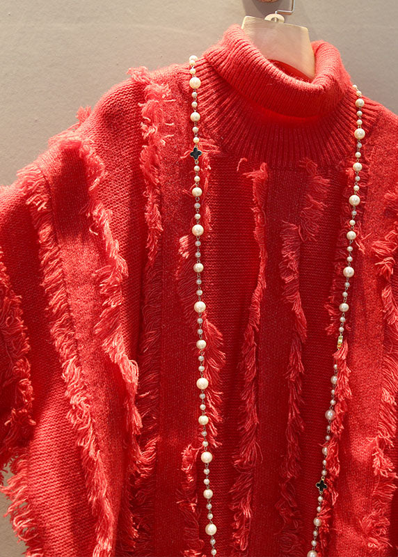 Women Red High Neck Tasseled Cozy Knit Sweater Dress Winter