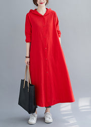 Women Red Hooded Button Patchwork Cotton Shirts Maxi Dresses Fall