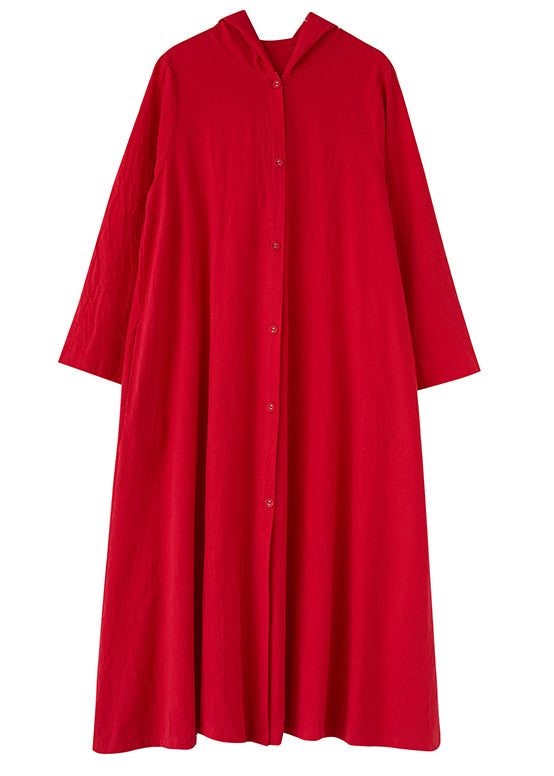 Women Red Hooded Button Patchwork Cotton Shirts Maxi Dresses Fall