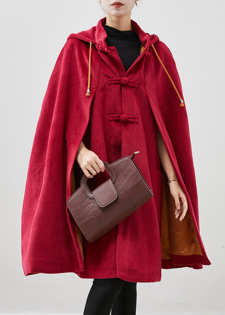 Women Red Hooded Chinese Button Warm Fleece Coats Cloak Sleeves