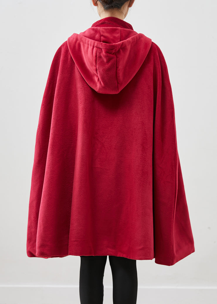 Women Red Hooded Chinese Button Warm Fleece Coats Cloak Sleeves