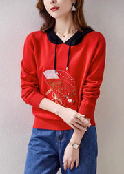 Women Red Hooded Embroidered Patchwork Knit Top Fall