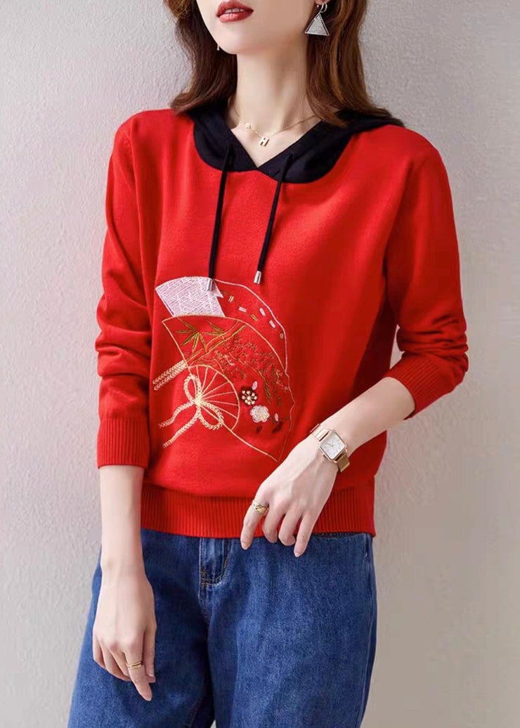 Women Red Hooded Embroidered Patchwork Knit Top Fall