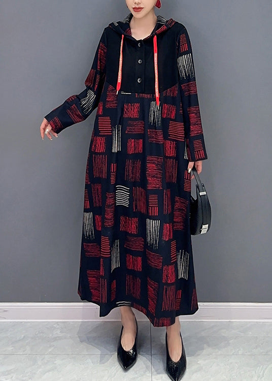 Women Red Hooded Plaid Patchwork Cotton Long Dress Fall