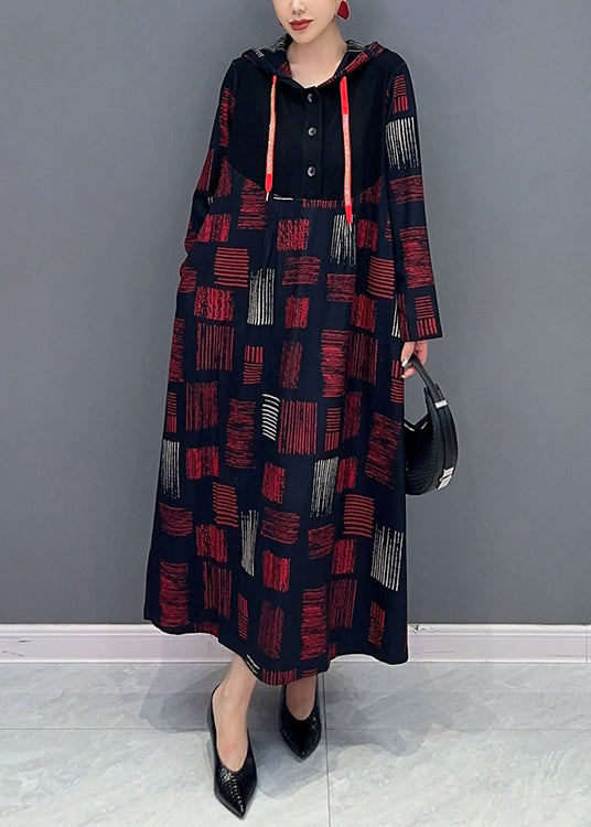 Women Red Hooded Plaid Patchwork Cotton Long Dress Fall