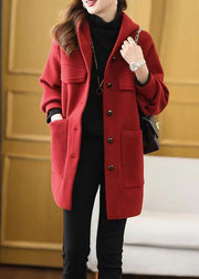 Women Red Hooded Pockets Patchwork Woolen Coat Fall