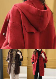 Women Red Hooded Pockets Patchwork Woolen Coat Fall