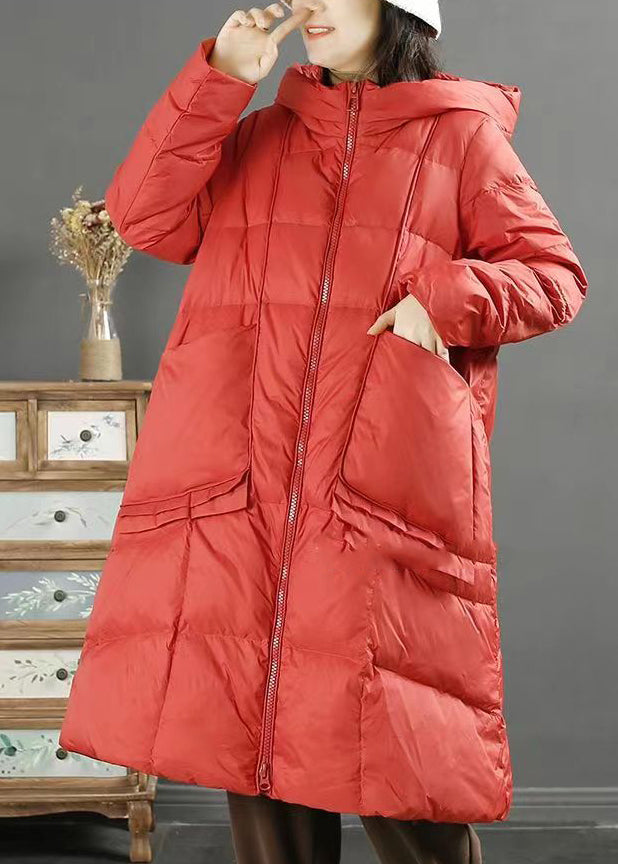 Women Red Hooded Pockets Zippered Patchwork Duck Down Down Coat Winter