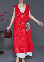 Women Red Jacquard Tasseled Silk Long Vest Fall
