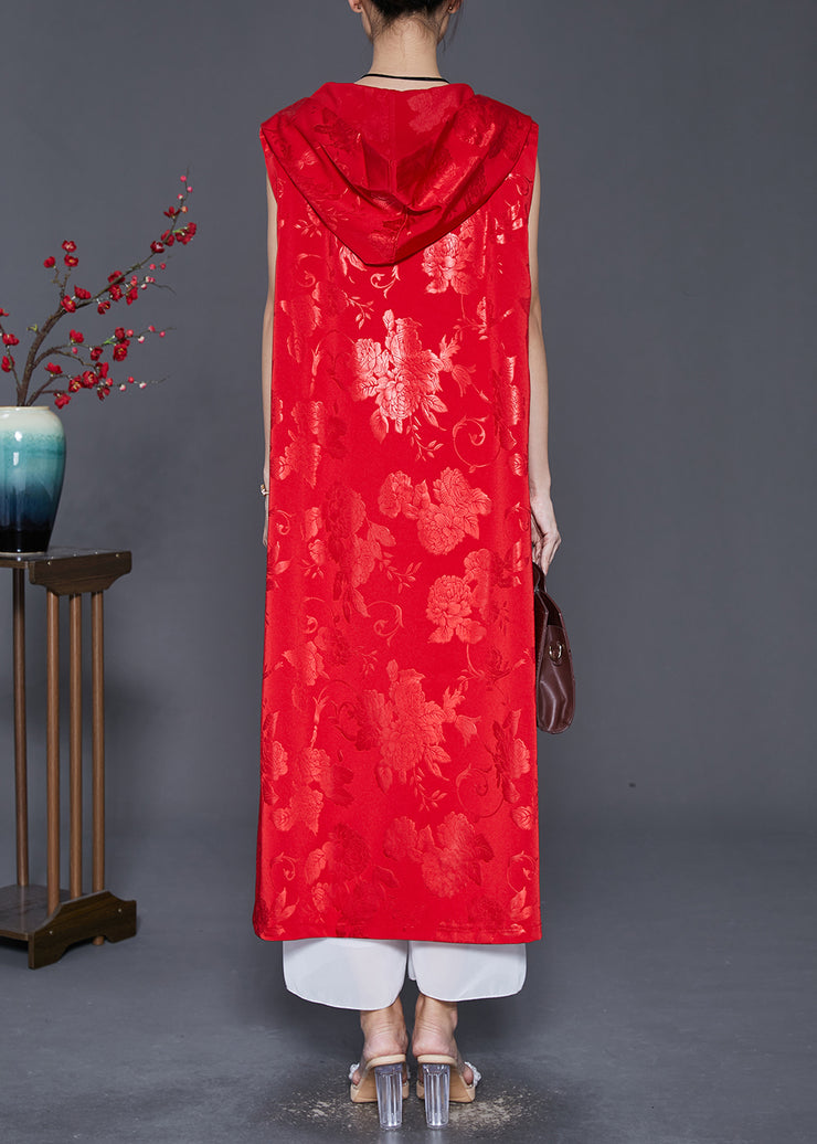 Women Red Jacquard Tasseled Silk Long Vest Fall