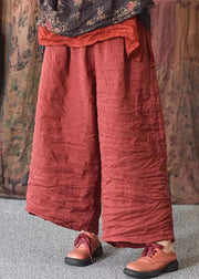 Women Red Loose Pockets Linen Wide Leg Pants Summer
