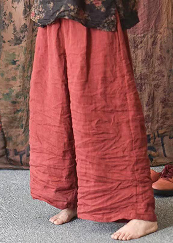 Women Red Loose Pockets Linen Wide Leg Pants Summer