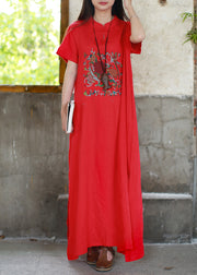 Damen Rote Stehkragen Seite offen Besticktes langes Kleid mit kurzen Ärmeln