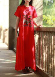 Damen Rote Stehkragen Seite offen Besticktes langes Kleid mit kurzen Ärmeln