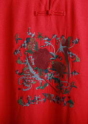 Women Red Mandarin Collar side open Embroidered Long Dress Short Sleeve