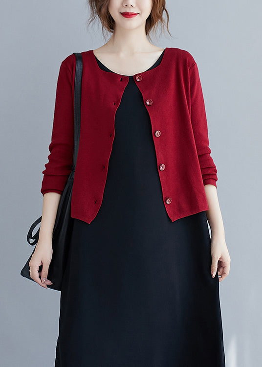 Women Red O Neck Button Patchwork knitting Cotton Cardigan Fall
