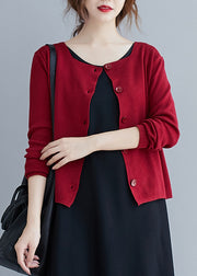 Women Red O Neck Button Patchwork knitting Cotton Cardigan Fall