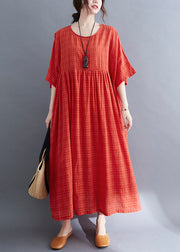 Women Red O-Neck Cinched Cotton Holiday Dress Short Sleeve