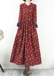 Damen Rot O-Neck Cinched Print Warm Fleece Lange Kleider Langarm
