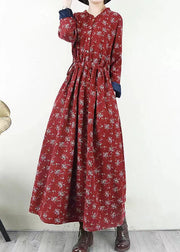 Damen Rot O-Neck Cinched Print Warm Fleece Lange Kleider Langarm