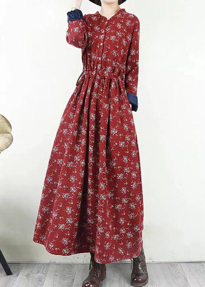 Women Red O-Neck Cinched Print Warm Fleece Long Dresses Long Sleeve