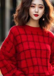 Women Red O Neck Cozy Cotton Knit Sweaters Long Sleeve
